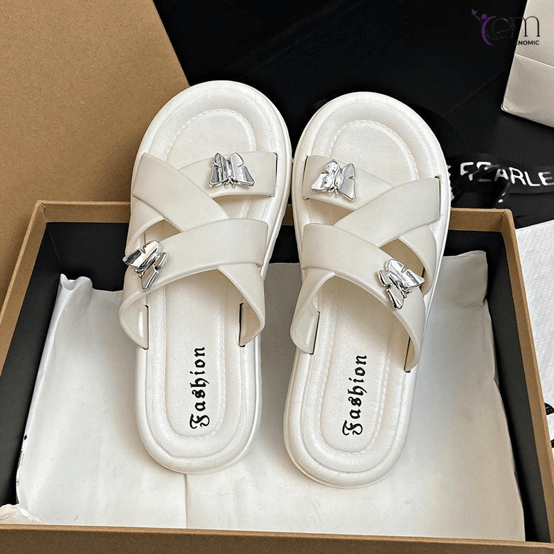Women's Double Butterfly Fashion Wearing Flat Bottom Beach Sandals One-Character Slippers Wear-Resistant Non-Slip Cross Ladies.