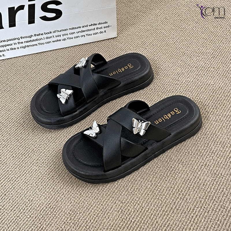 Women's Double Butterfly Fashion Wearing Flat Bottom Beach Sandals One-Character Slippers Wear-Resistant Non-Slip Cross Ladies.