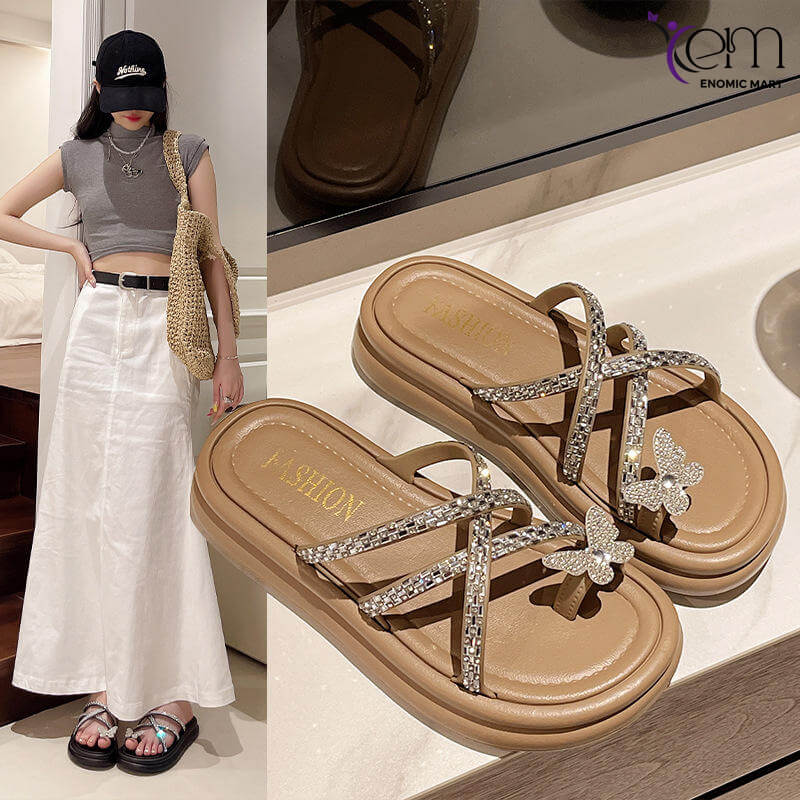 Women's French Flat Sandals Thick Sole Butterfly Knot Thin Strap Platform for Outdoor Shopping Summer Beach Trendy Fashion