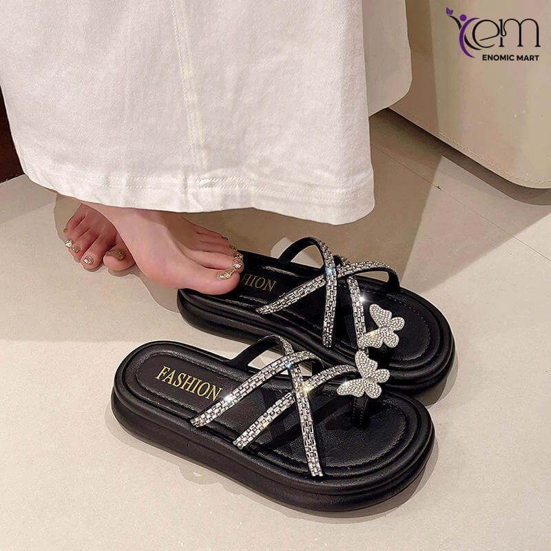 Women's French Flat Sandals Thick Sole Butterfly Knot Thin Strap Platform for Outdoor Shopping Summer Beach Trendy Fashion
