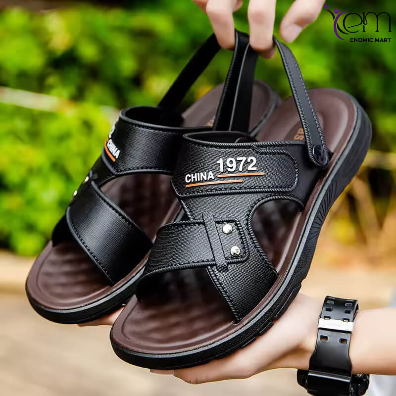 Outdoor Open Toe Solid Men's Summer Waterproof Breathable Non-Slip Soft Sole Buckle Strap Driving Beach Shoes Dual-Use Sandals